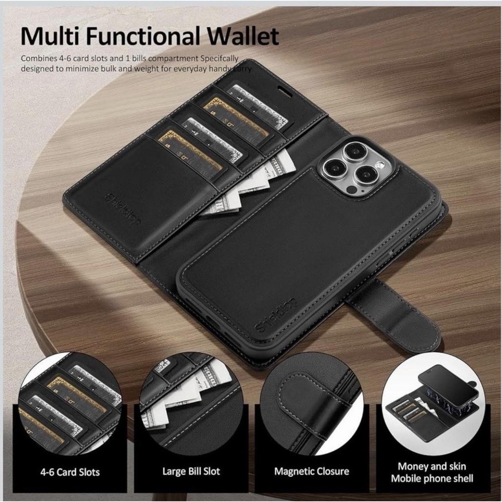 Shieldtop Leather Wallet Case for iPhone 14 Pro Max Black Magnetic Card Pocket - Picture 6 of 8